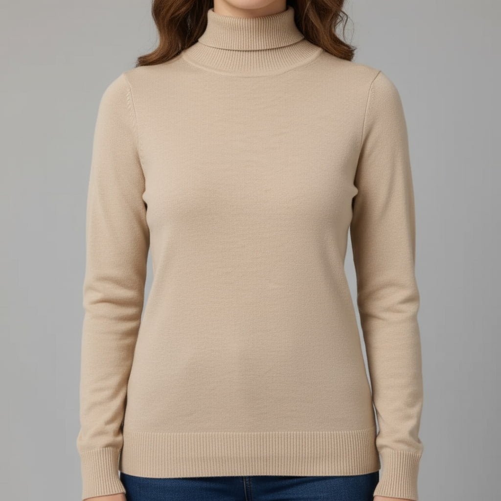 Turtle Neck Women Sweater-Beige