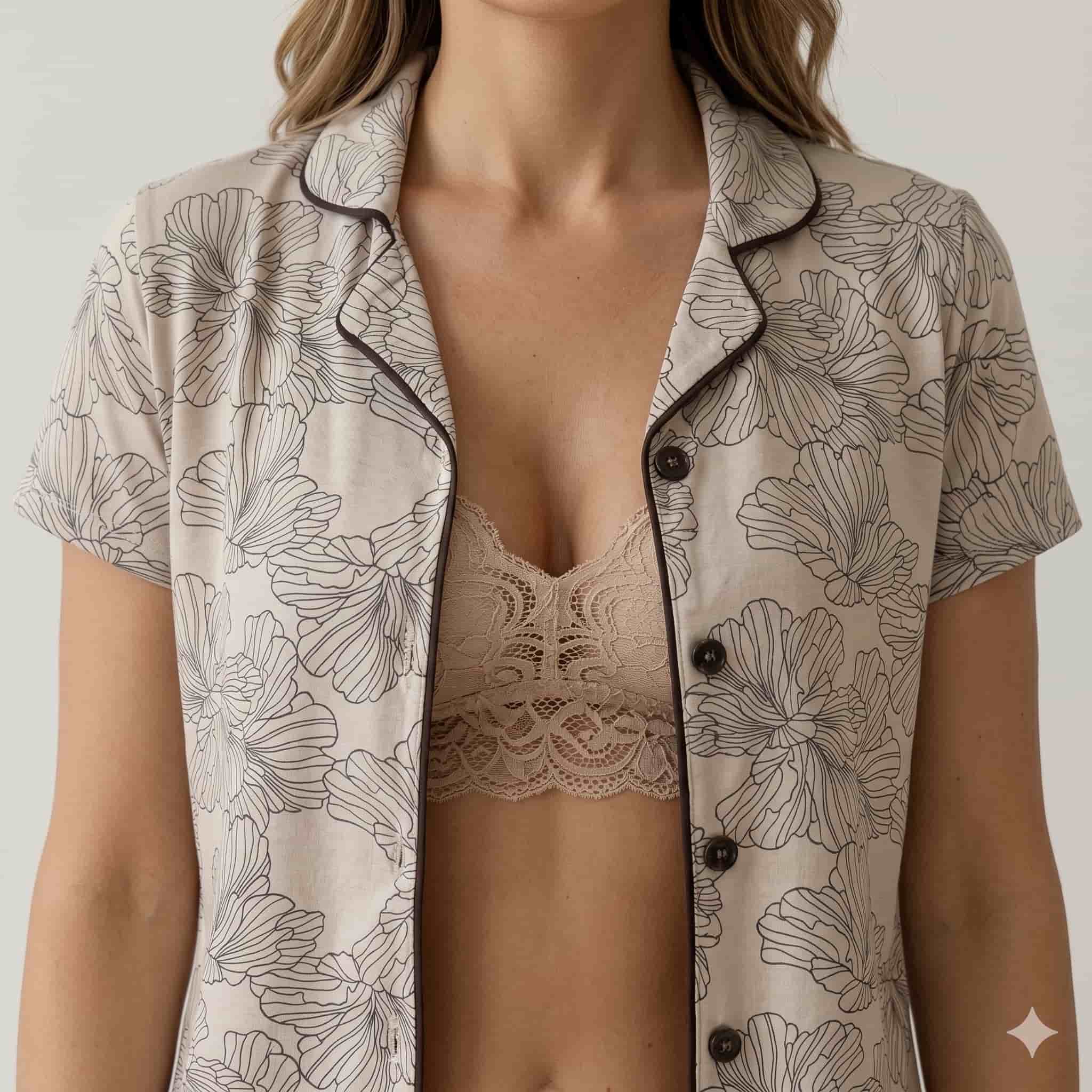 Botanical Bliss Women Half Sleeves Pajama Set - Beige