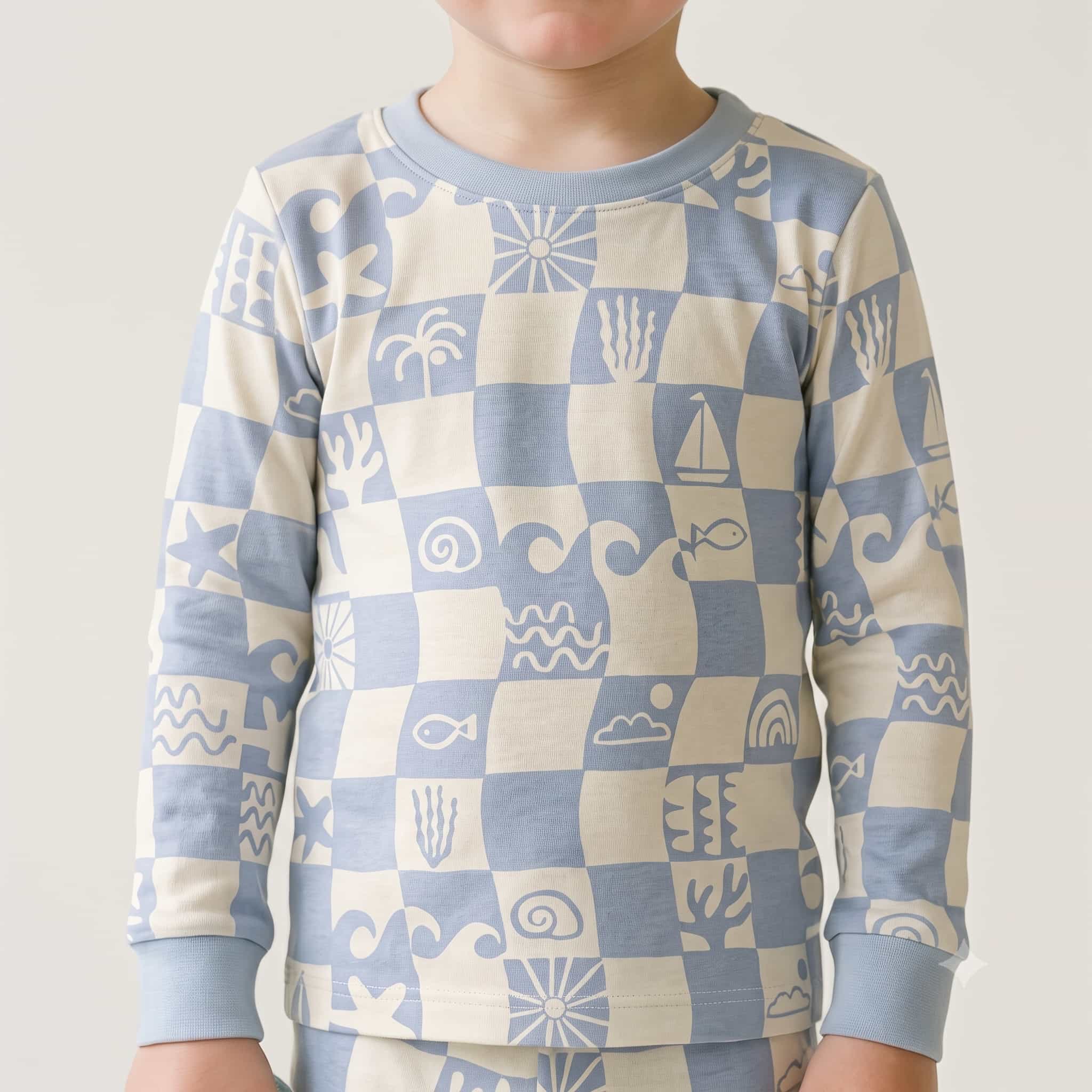 Coastal Grid Boys Full Sleeves Pajama Set - Light Blue