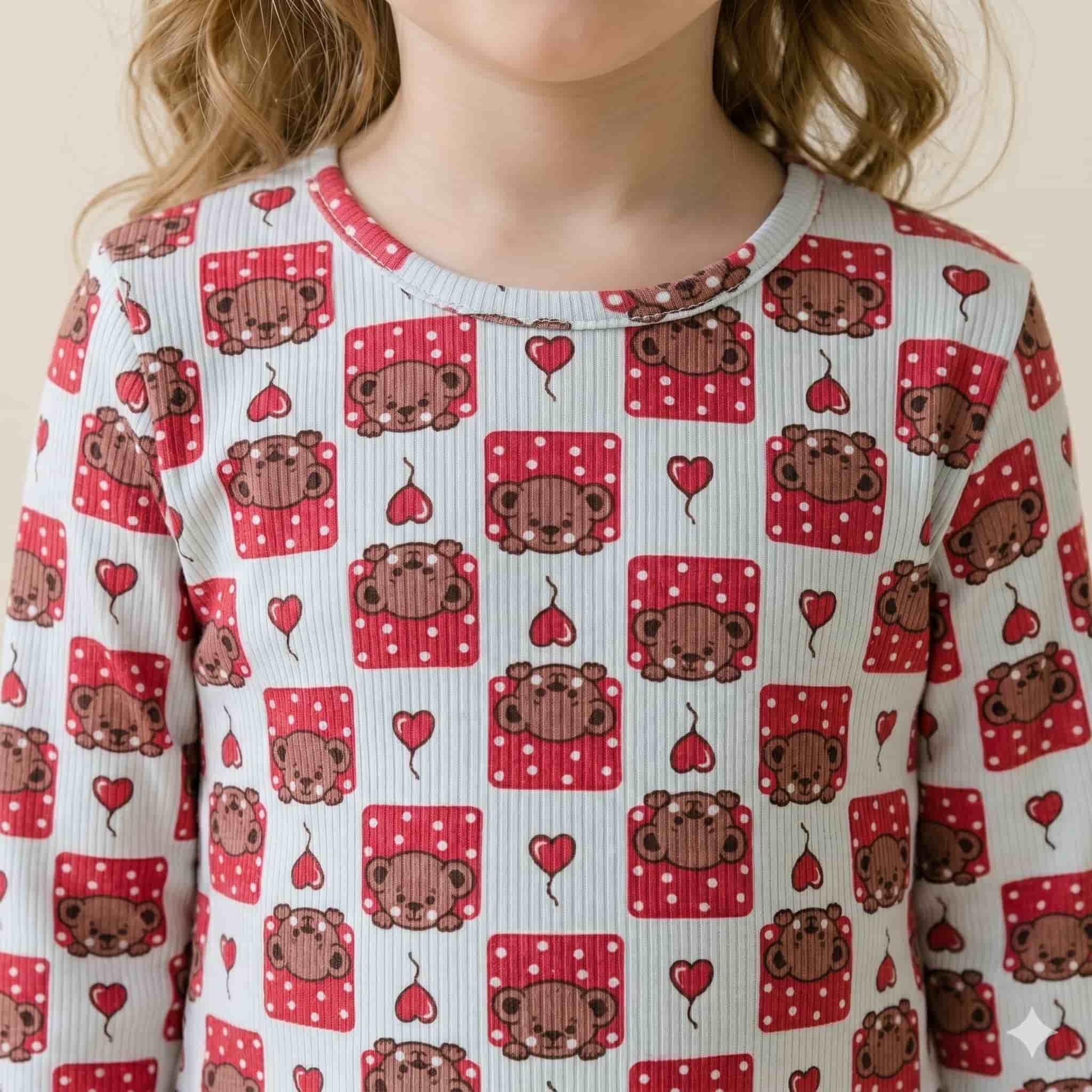 Bear Hugs Girls Full Sleeves Pajama Set - Red & Light Blue
