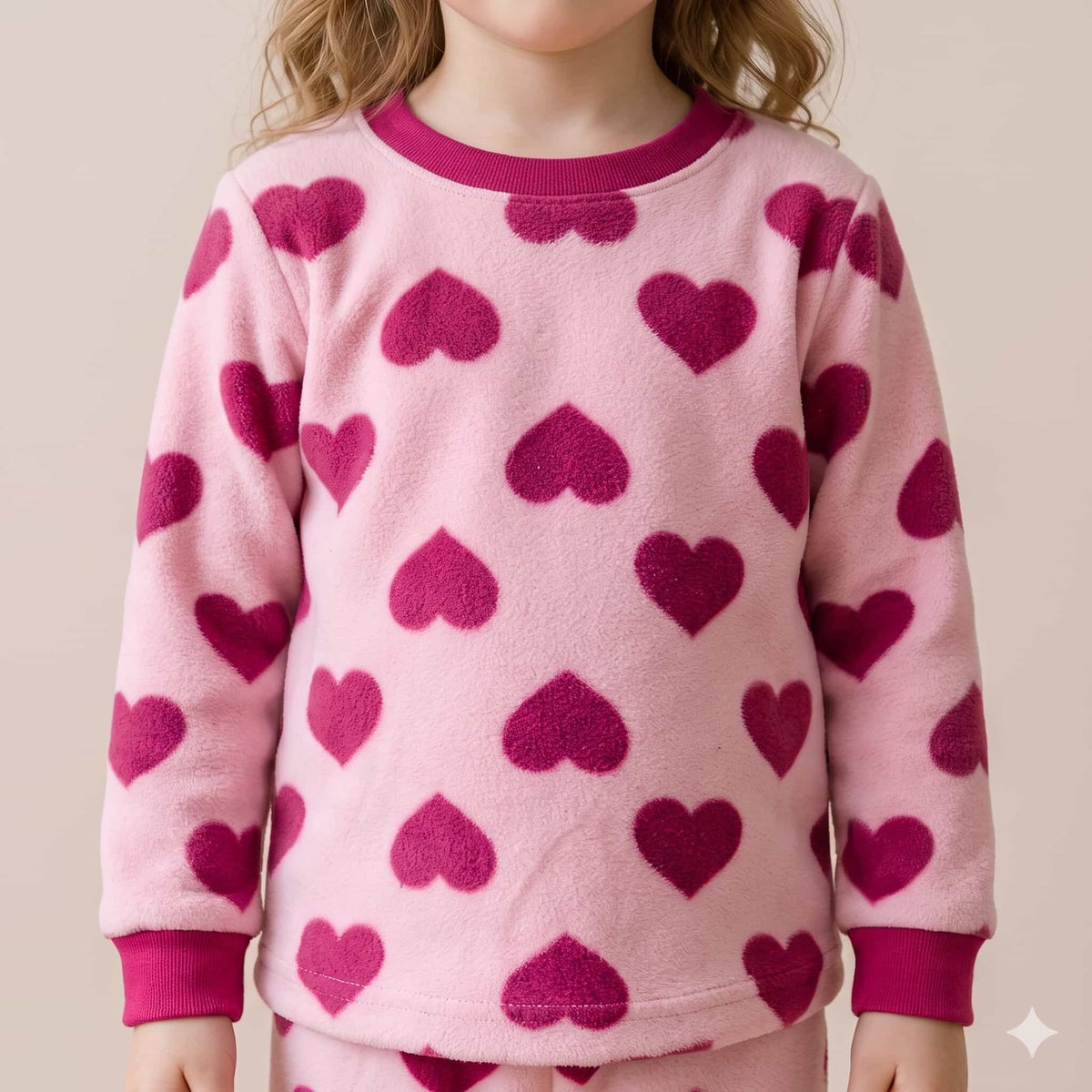 Hearts Girls Winter Full Sleeves Pajama Set - Light Pink