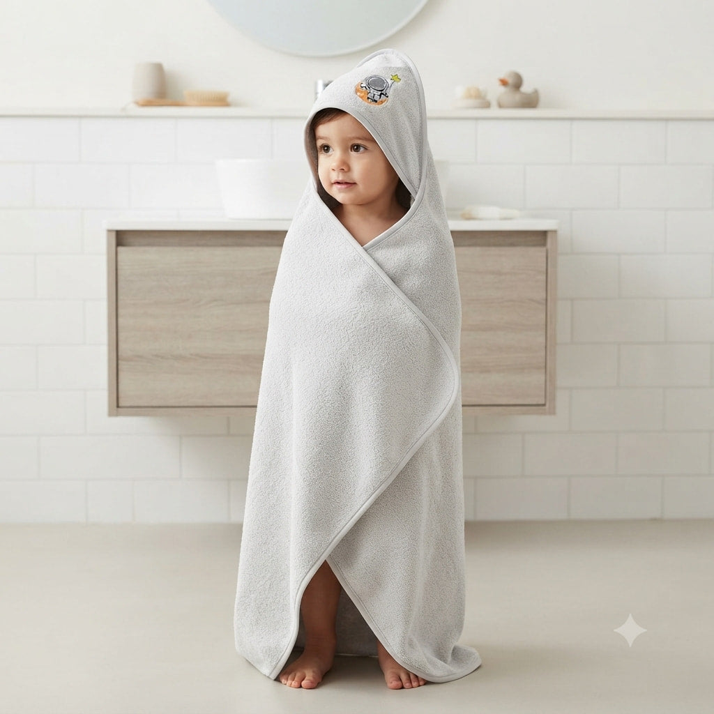 Cosmic Cuddle Baby Hooded Towel – Light Grey