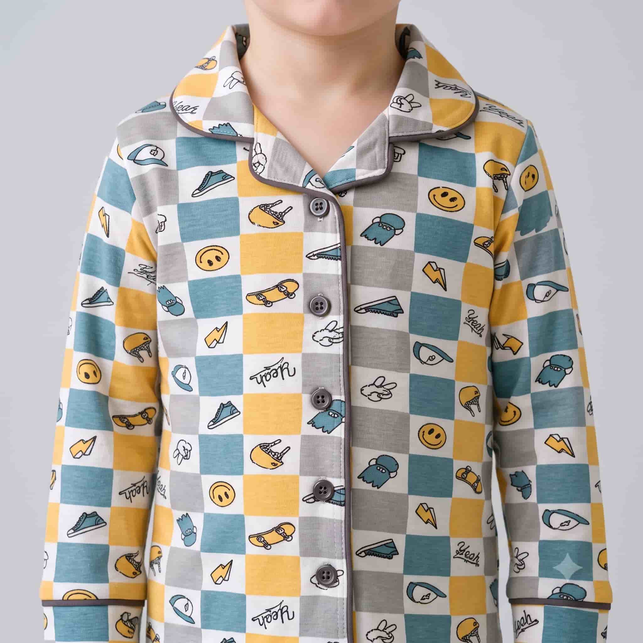 Outdoor Game Boys Full Sleeves Pajama Set - White