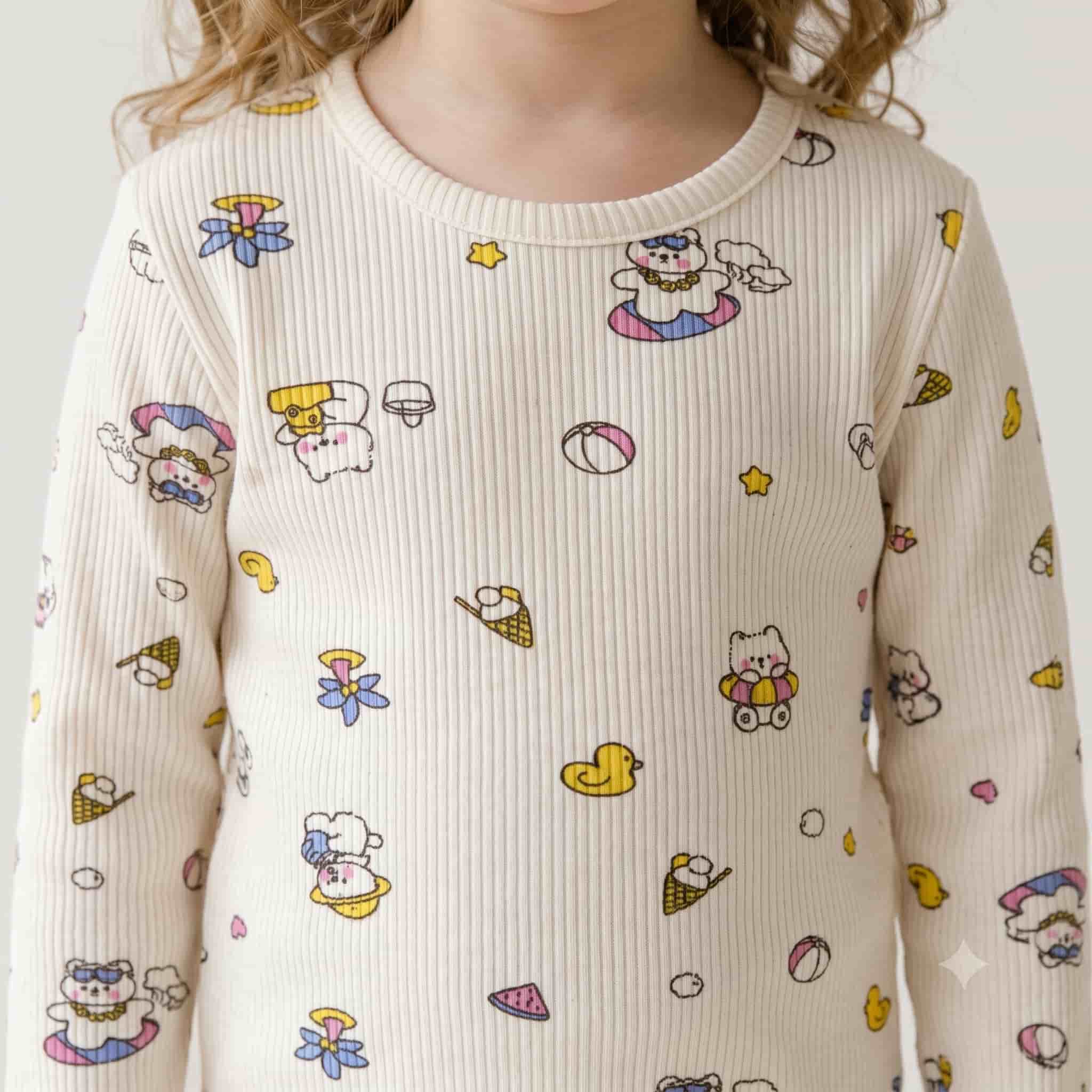 Beach Bears Girls Full Sleeves Pajama Set - Cream
