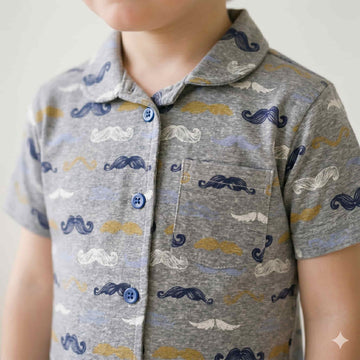 Mustache Print Half sleeves Boys Button Pajama Set - Grey