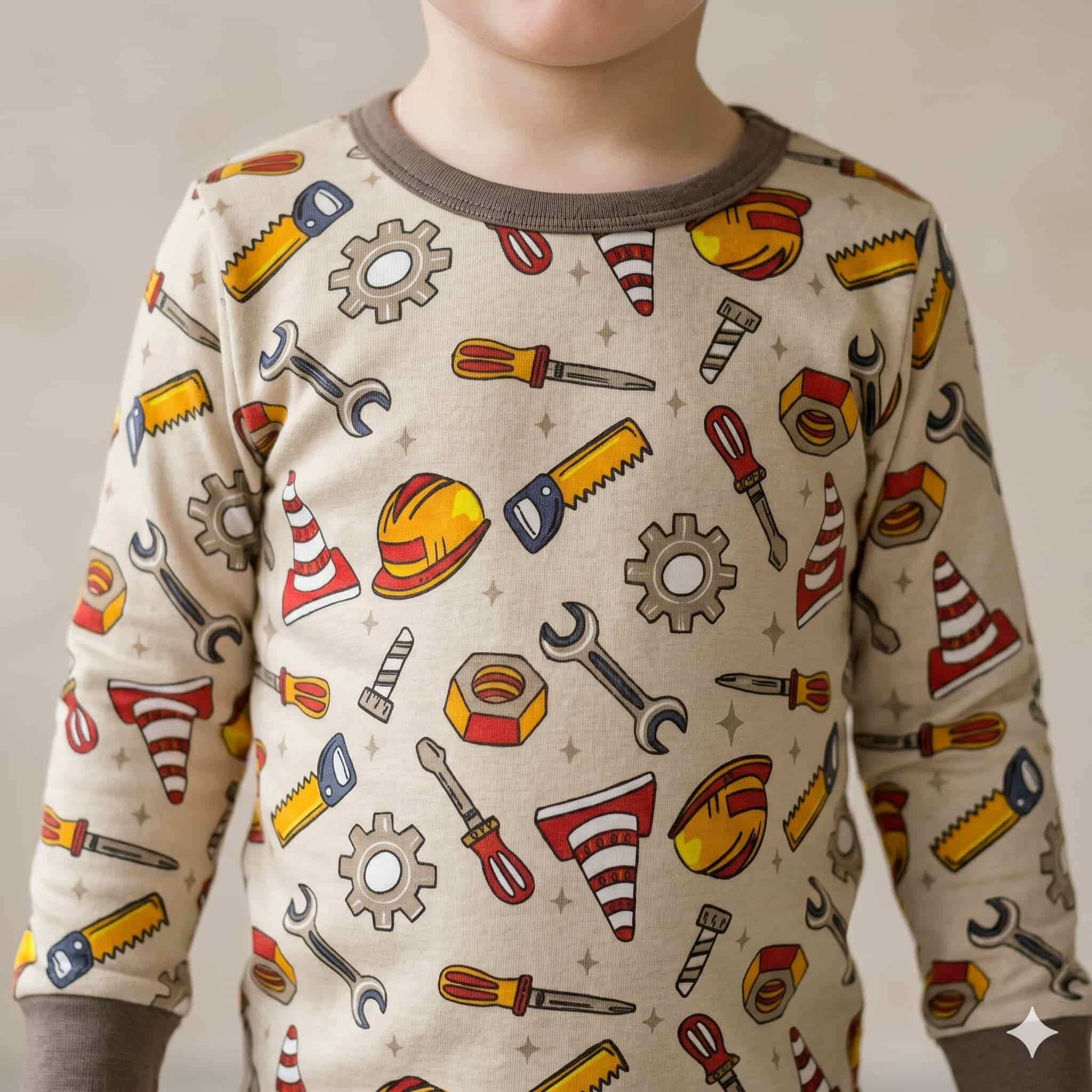Little Builder Boys Full Sleeves Pajama Set - Beige
