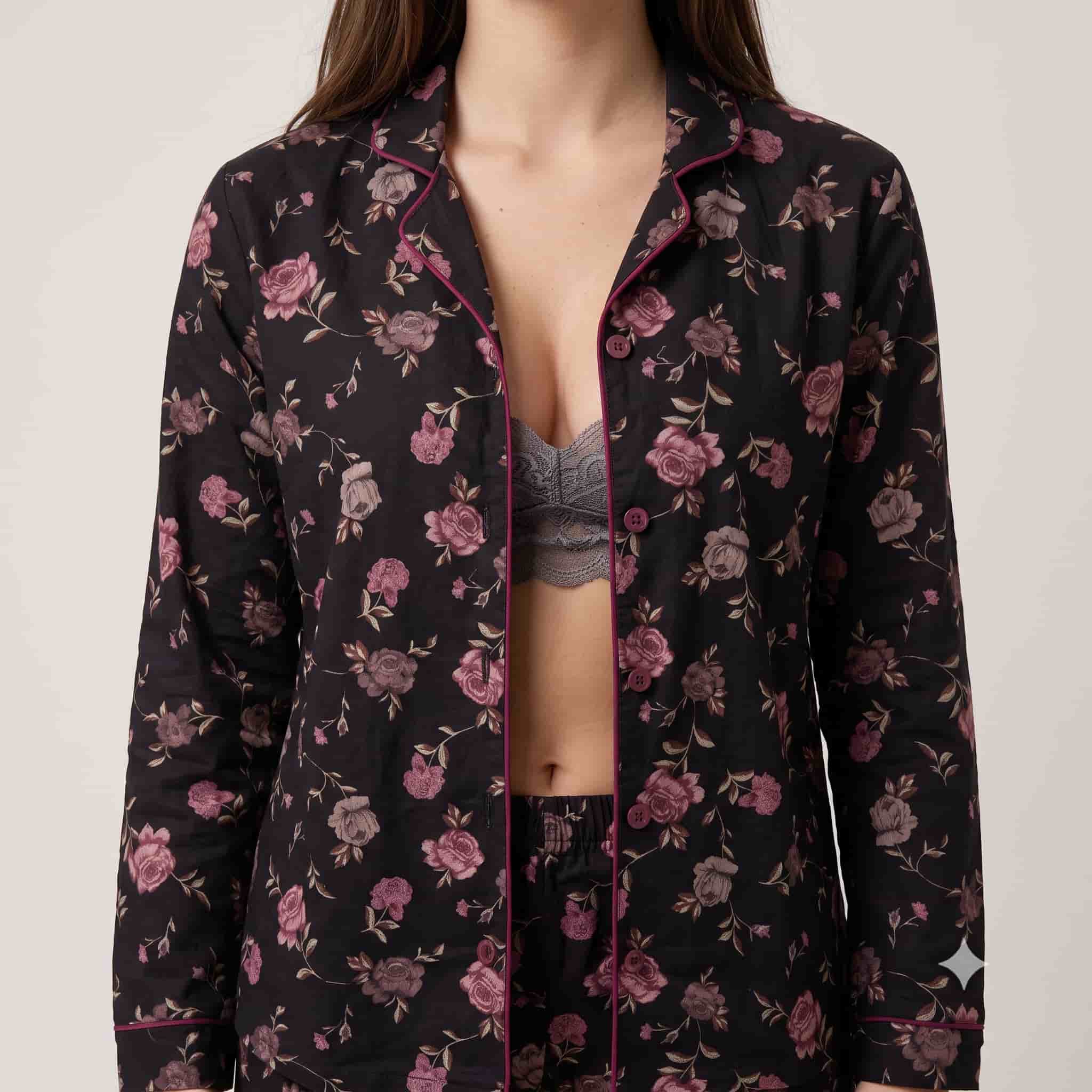 Midnight Bloom Women Full Sleeves Pajama Set - Black