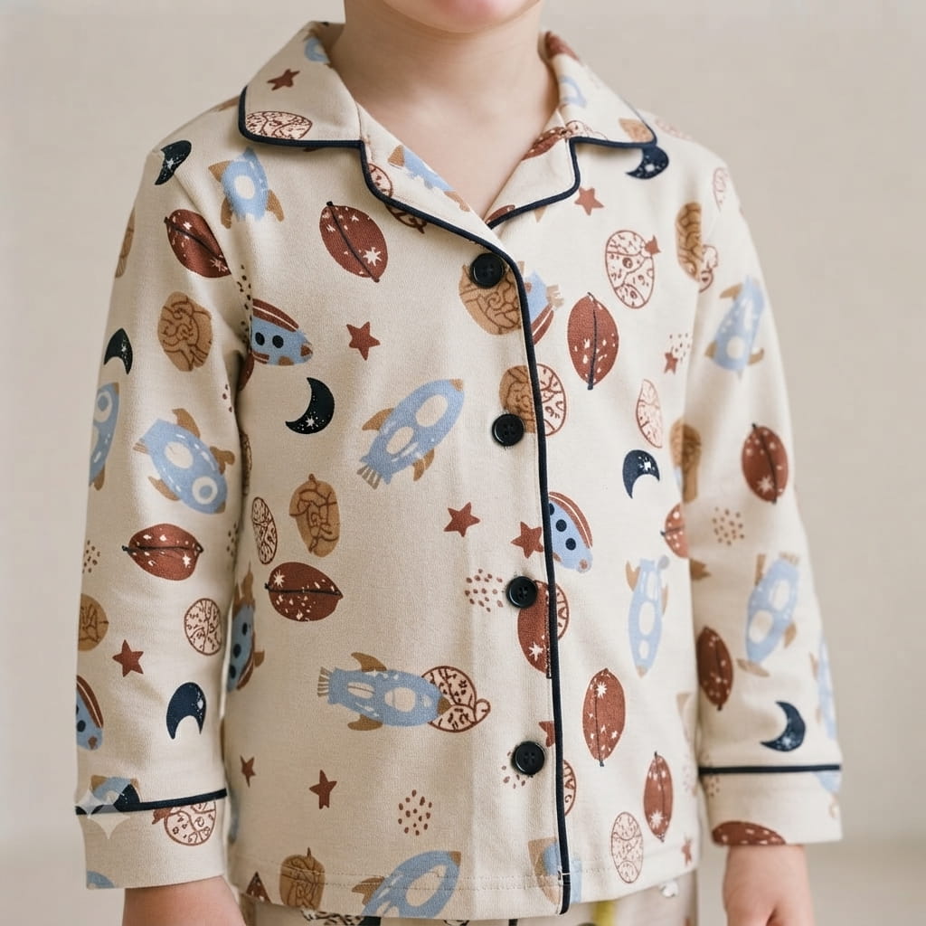 Satelite & Moon Boys Full Sleeves Pajama Set – Cream