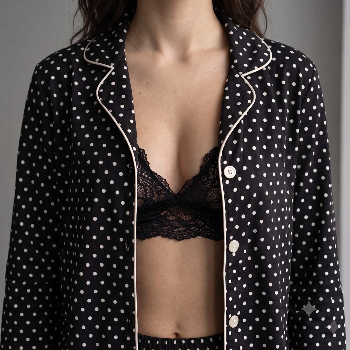 Midnight Dots Women Full Sleeves Pajama Set - Black
