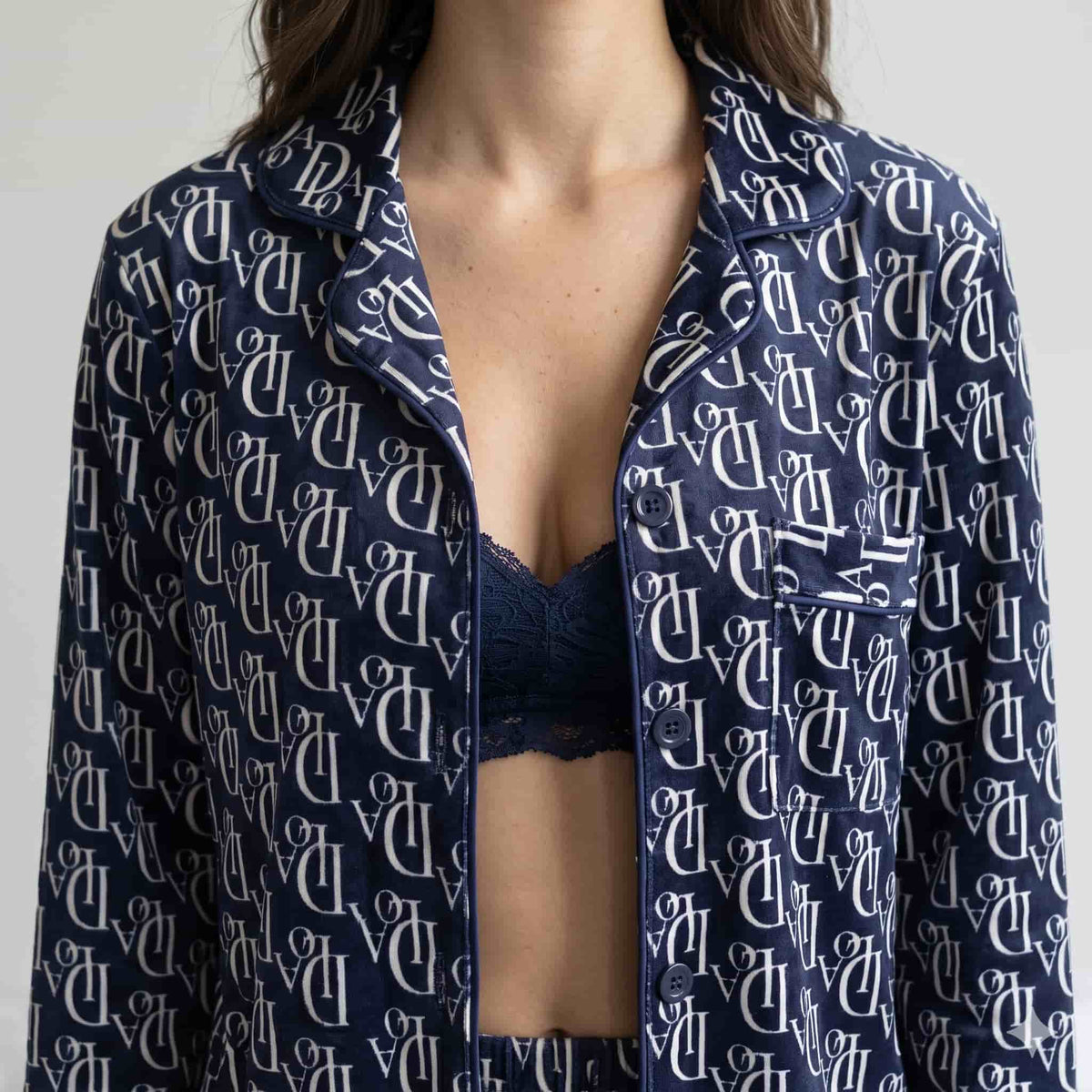 Midnight Monogram Women Winter Full Sleeves Pajama Set - Navy Blue
