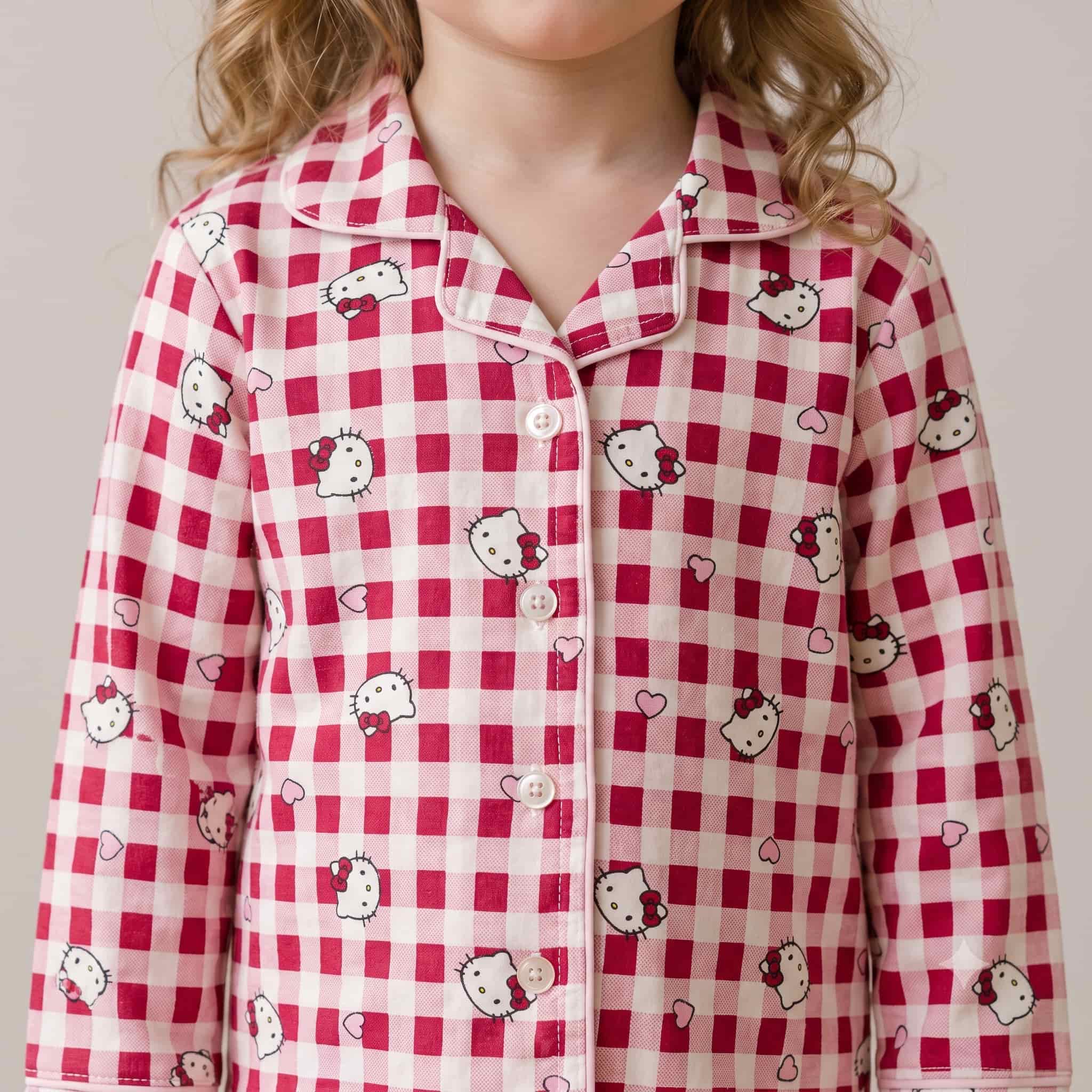 Checkered Hello Kitty Girls Full Sleeves Pajama Set – Pink