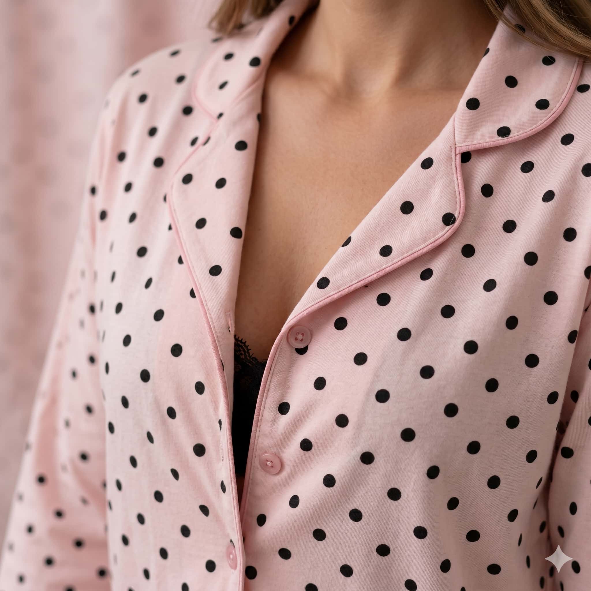 Polka Dot Women Full Sleeves Pajama Set - Baby Pink