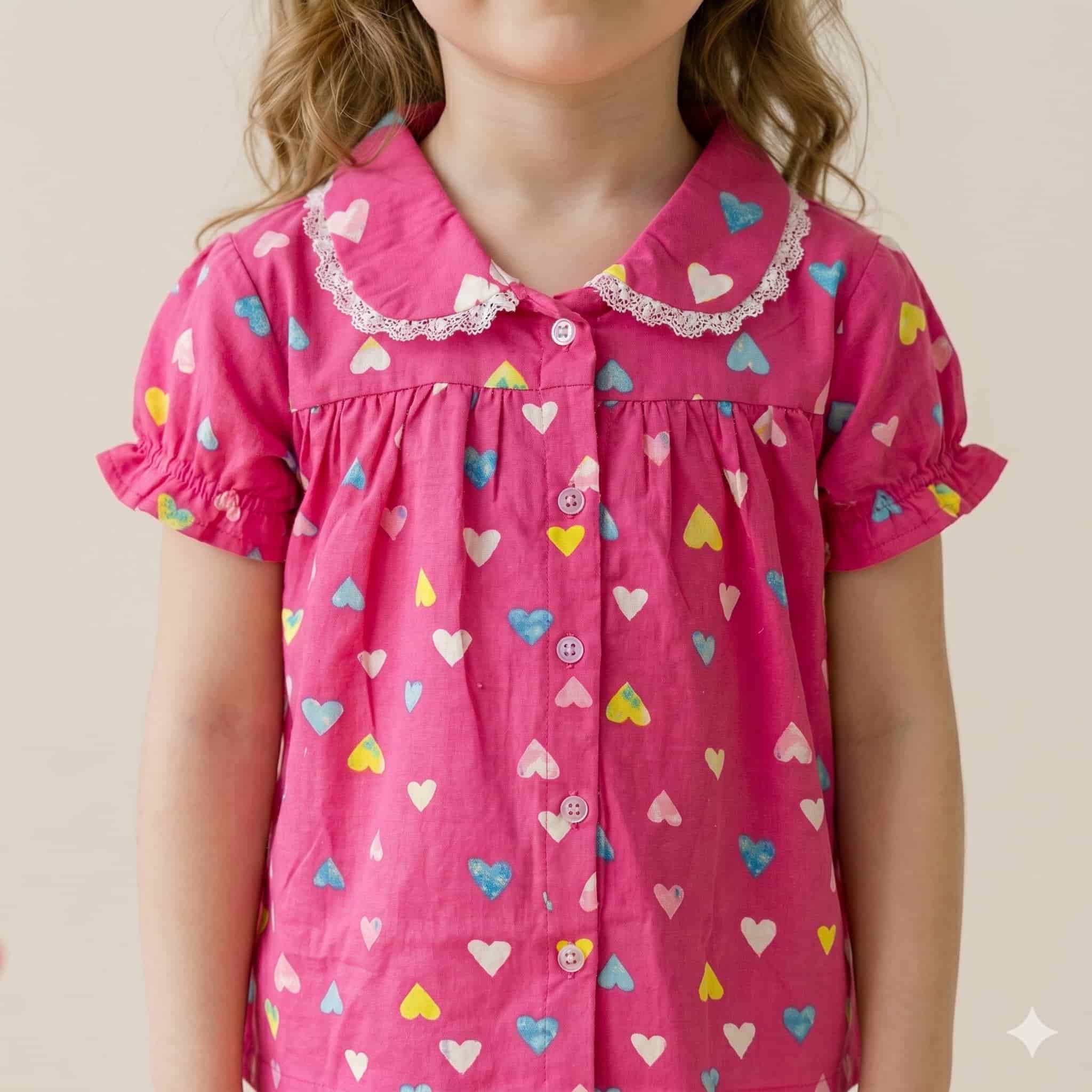 Heart Confetti Girl Half Sleeves Pajama Set - Hot Pink