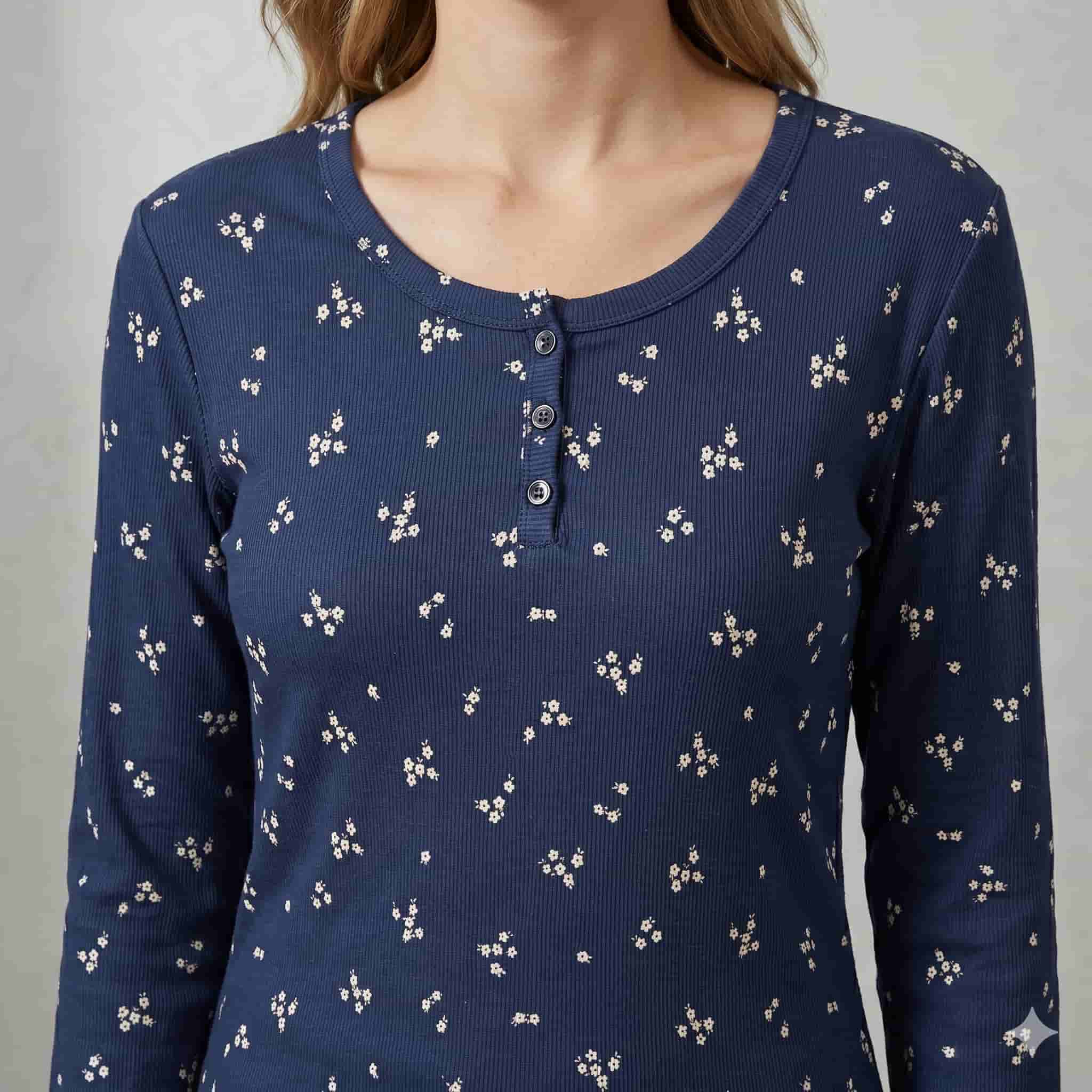 Midnight Bloom Women Full Sleeves Pajama Set - Navy Blue