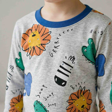 Animal Doodle Boys Full Sleeves Pajama Set - Grey