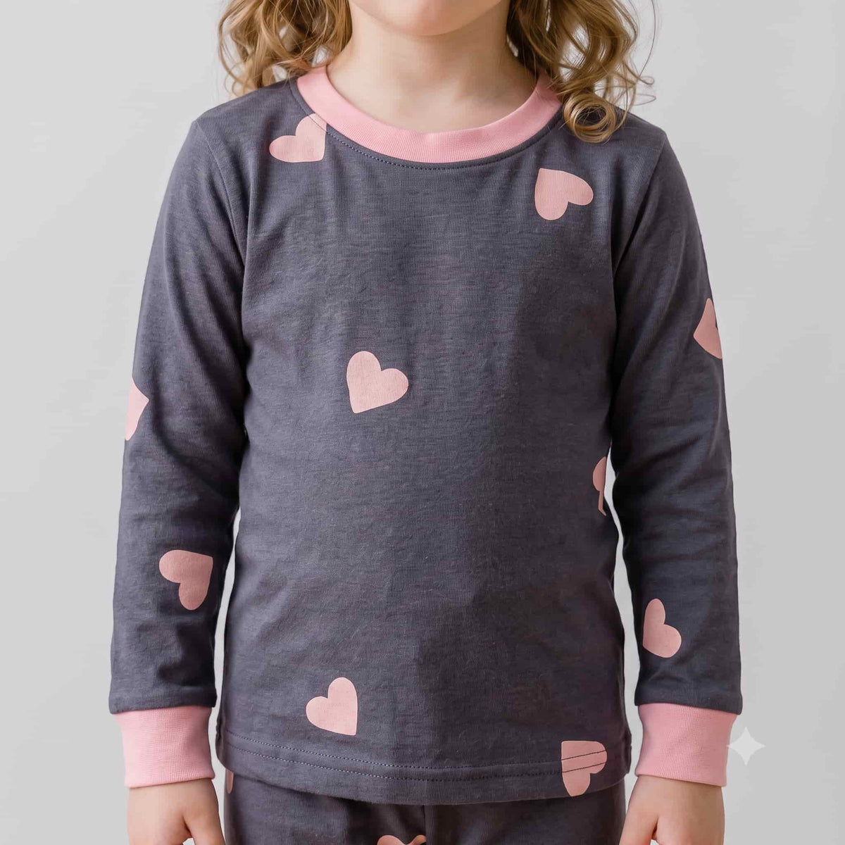 Moonlit Hearts Girls Full Sleeves Pajama Set – Charcoal Grey