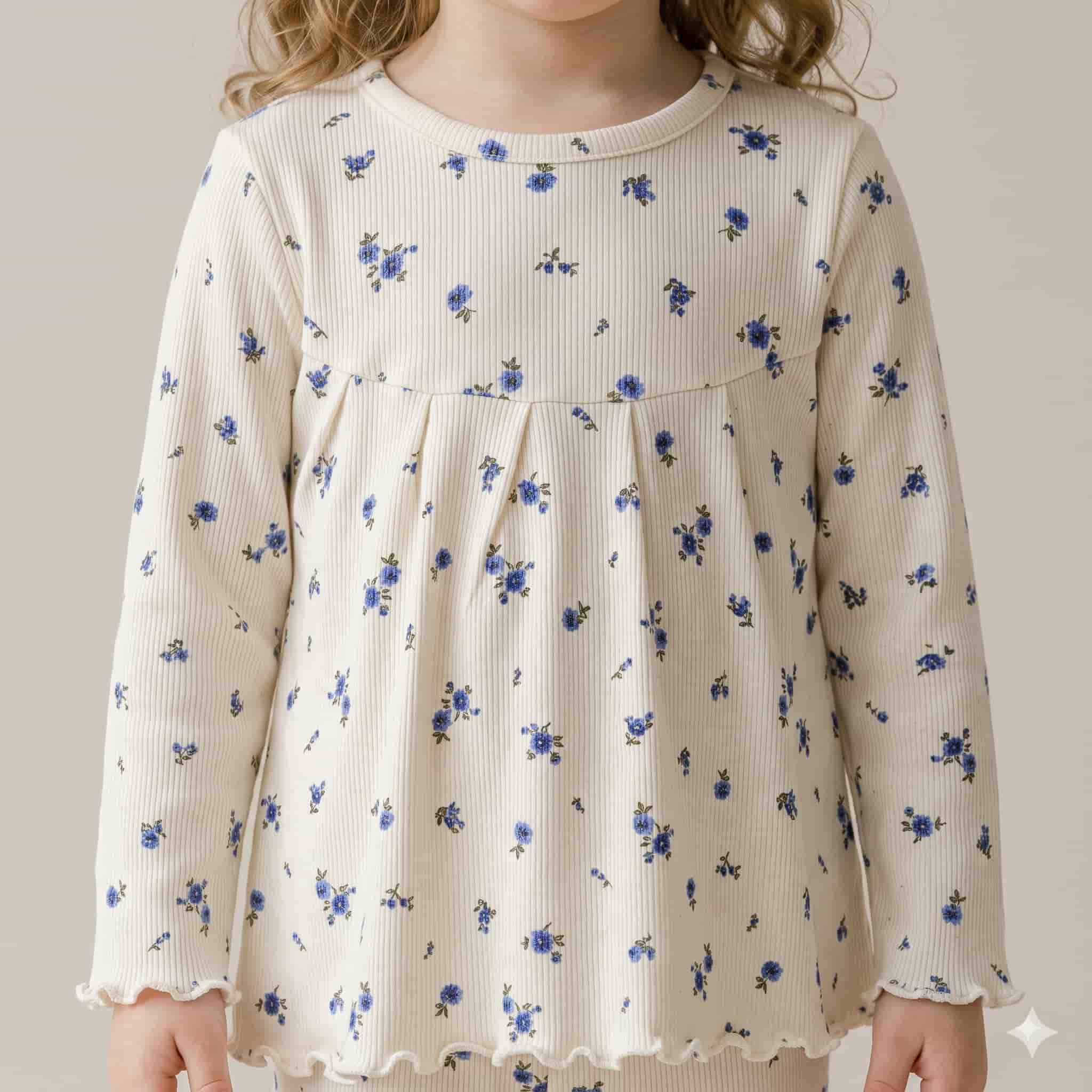 Azure Flora Girls Full Sleeves Pajama Set - Cream