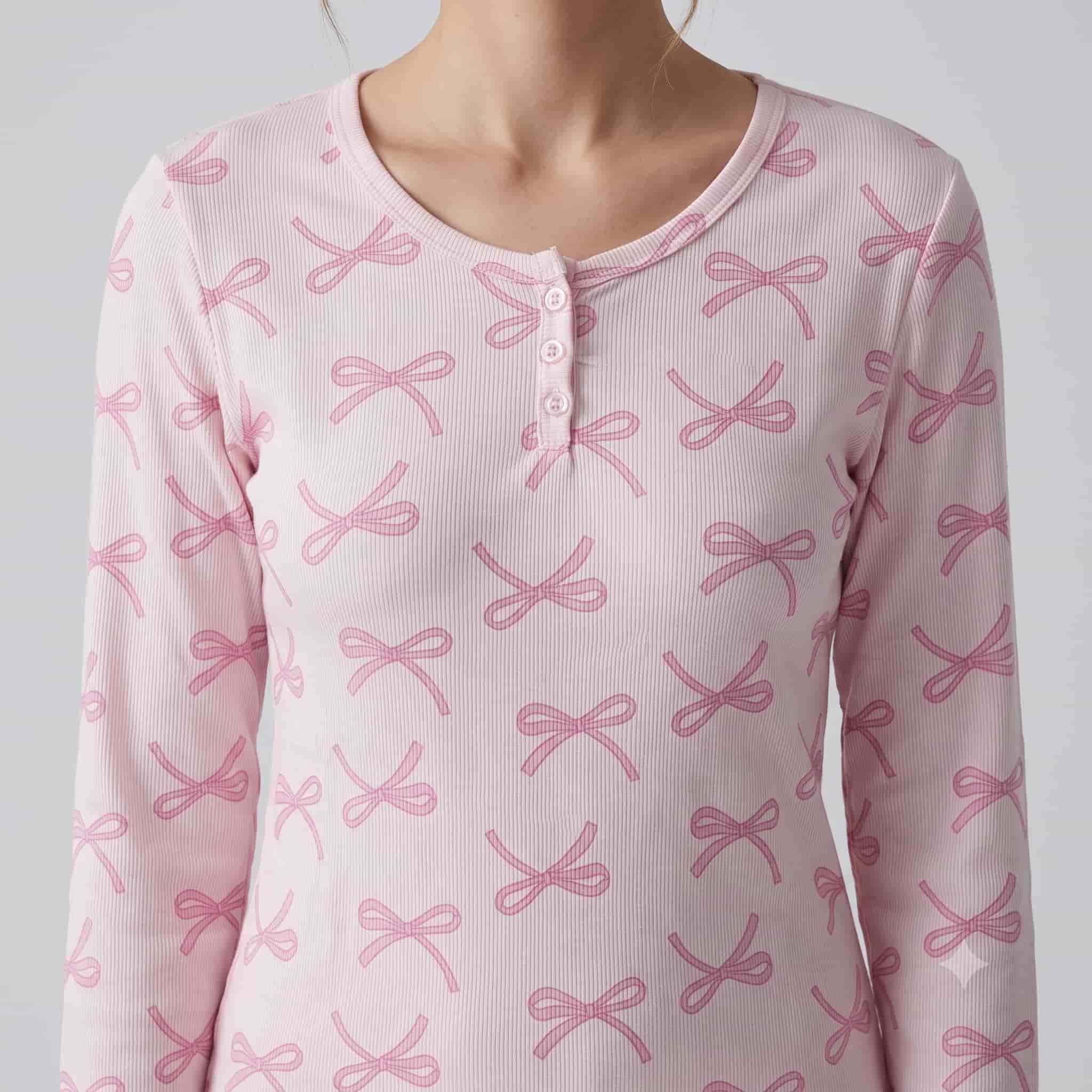 Ribbon Blush Women Full Sleeves Pajama Set – Pastel Pink