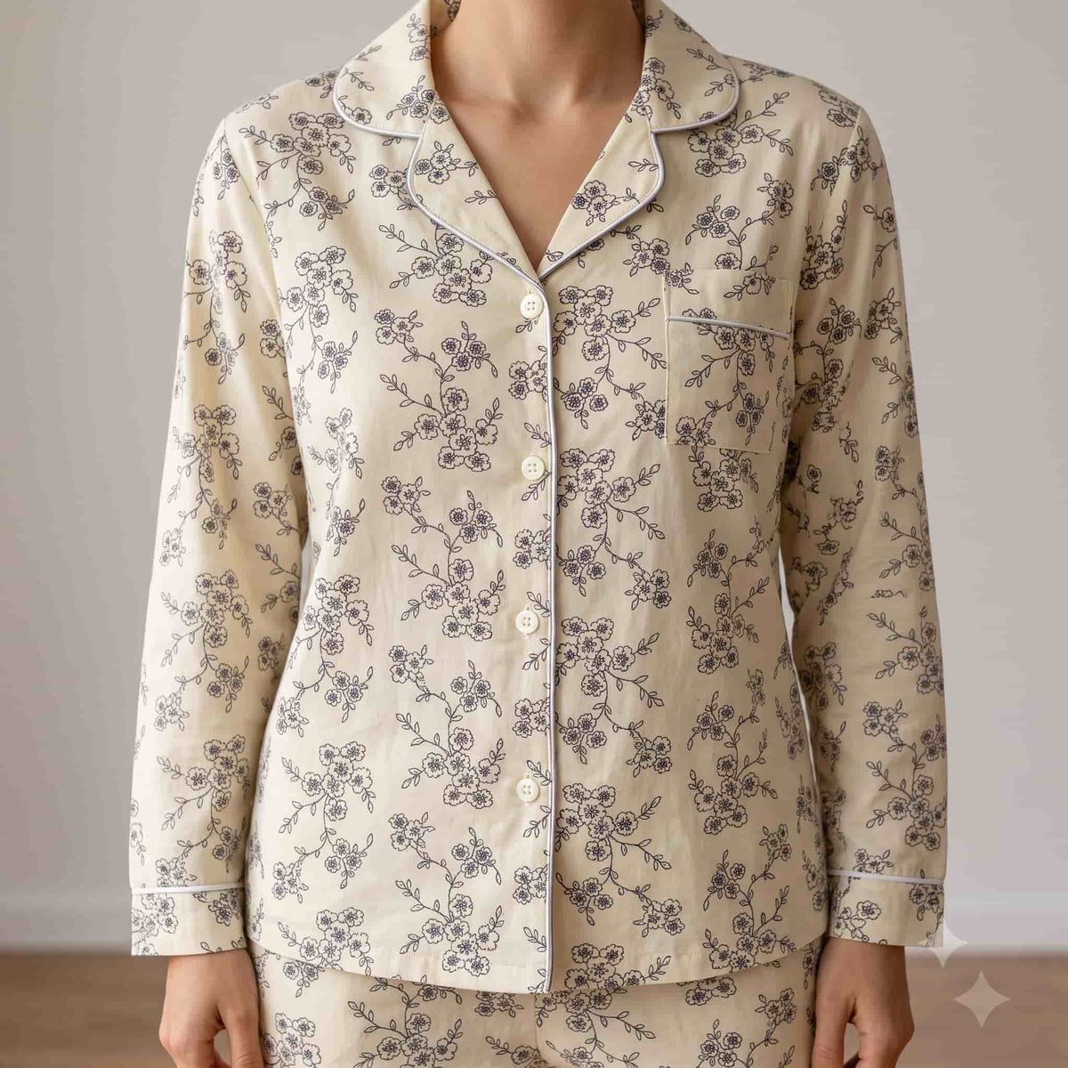 Ivory Bloom Women Full Sleeves Pajama Set - Cream