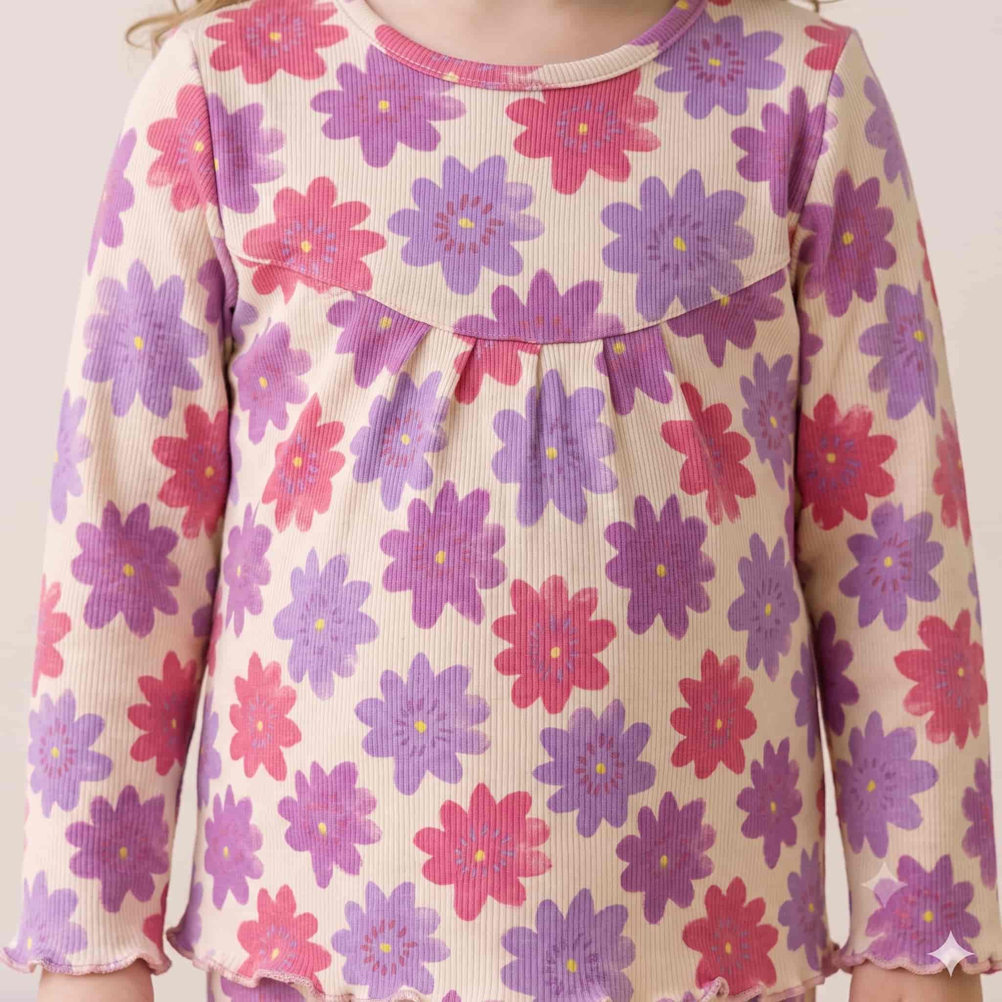 Vibrant Blooms Girls Full Sleeves Pajama Set - Cream