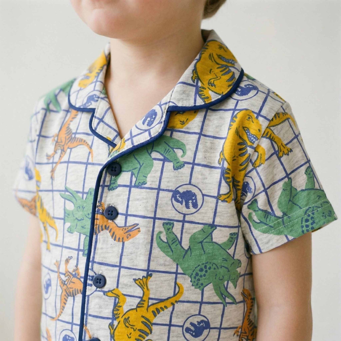 Dino Checkered Boys Button Up Pajama Set - Grey