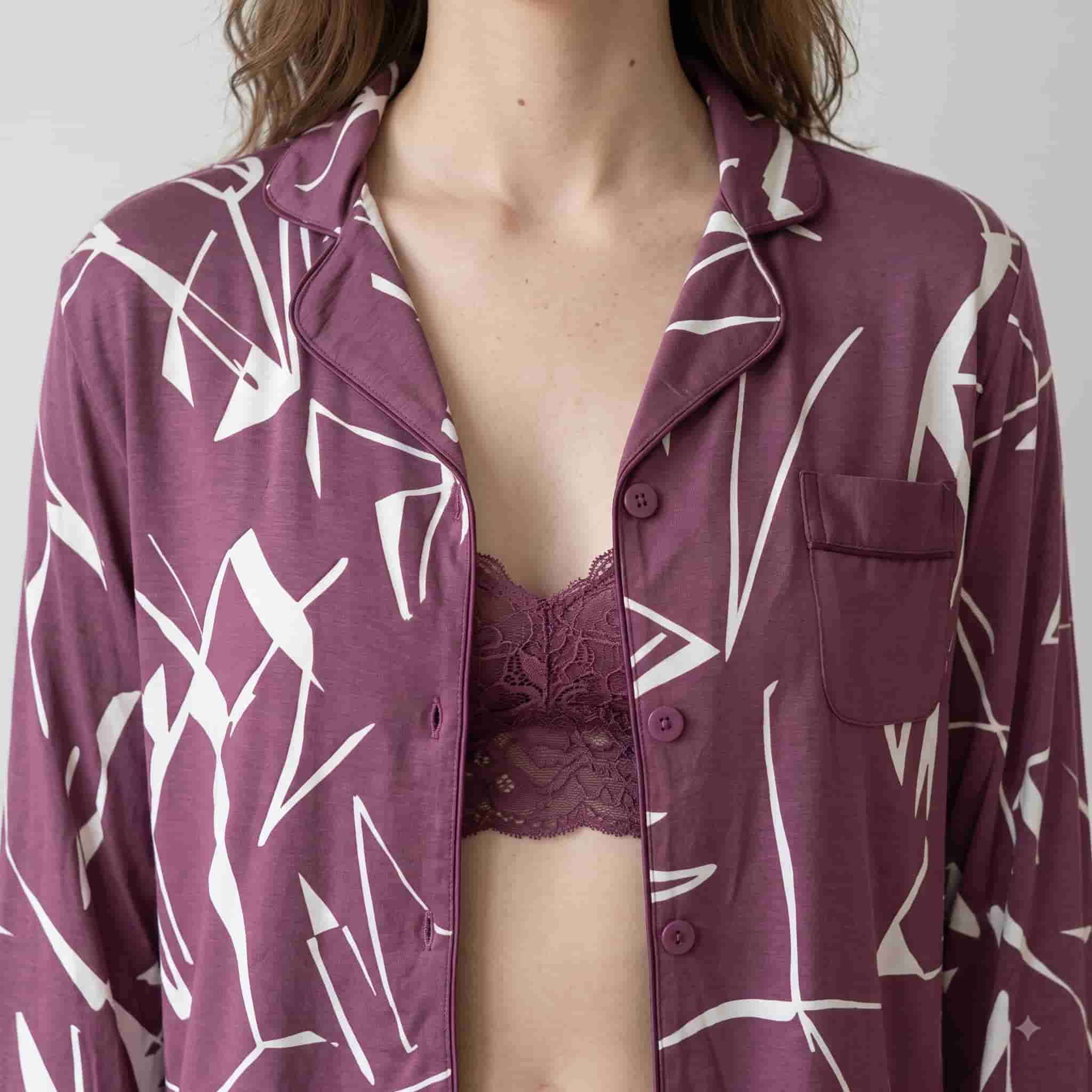 Abstract Plum Women Full Sleeves Pajama Set - Plum