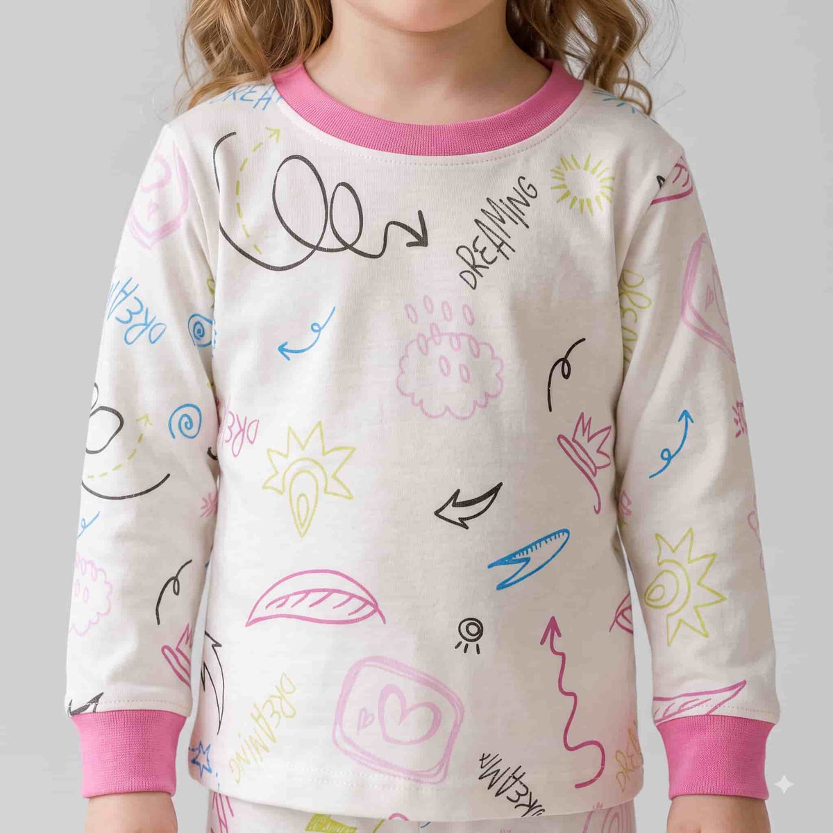 Doodle Dreams Girls Full Sleeves Pajama Set - Pink