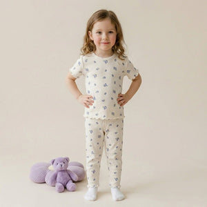 Blue Buds Bloom Girls Shorts Sleeves Pajama Set - Cream
