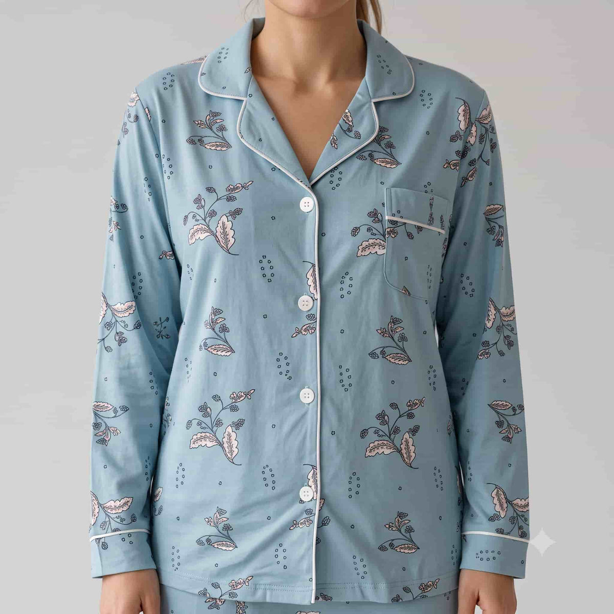 Blue Bloom Women Full Sleeves Pajama Set - Dusty Blue