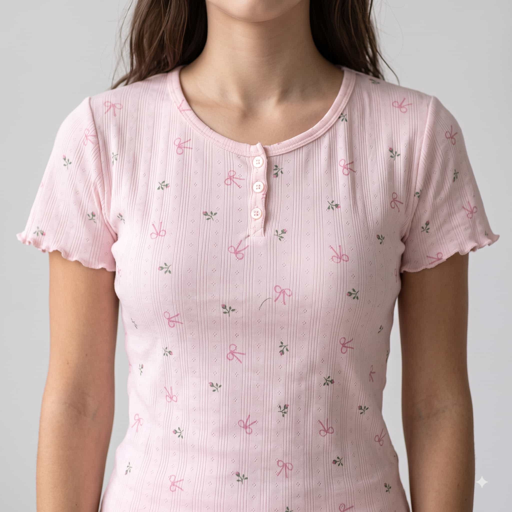 Pink Ribbon Women Half Sleeves Pajama Set - Baby Pink
