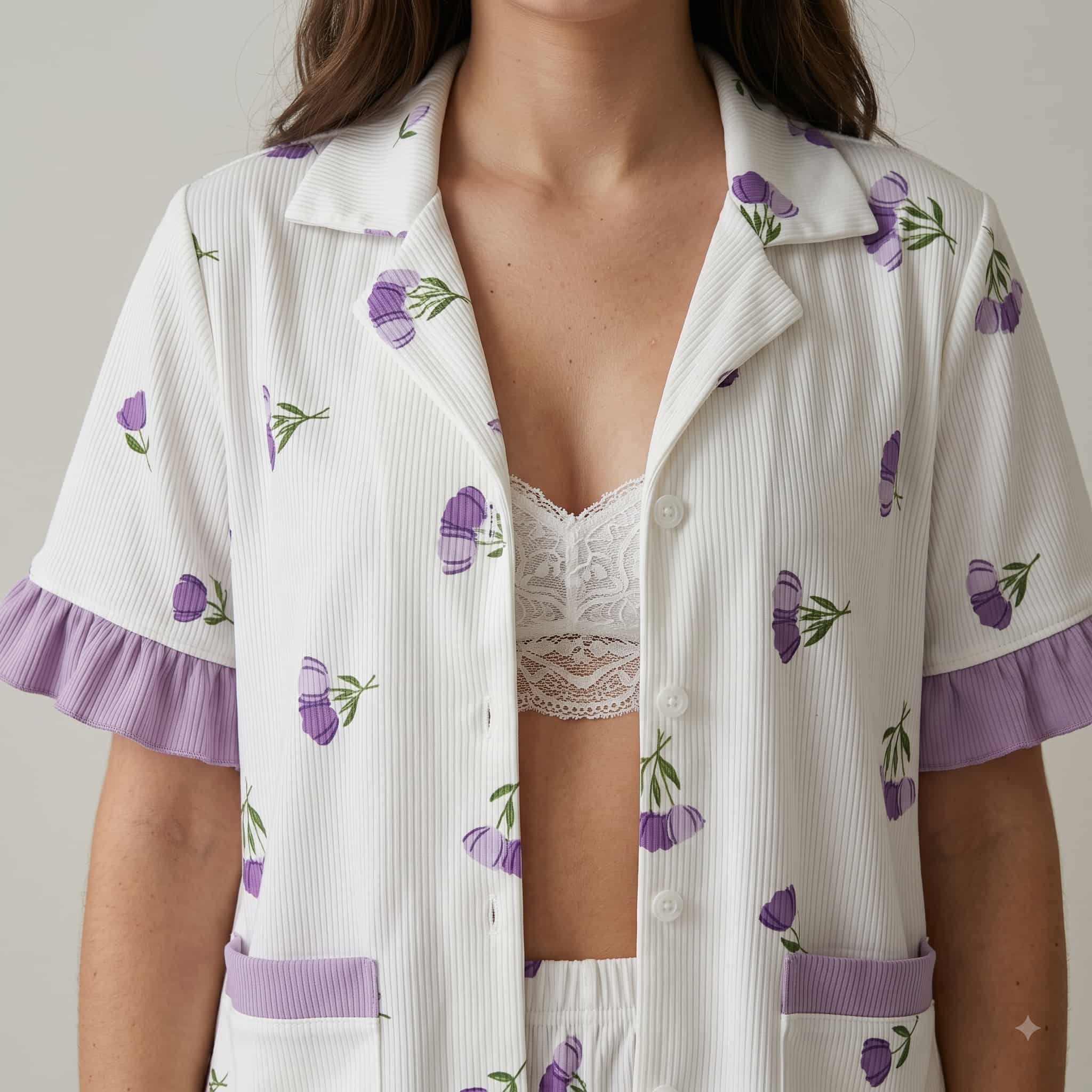 Lavender Bloom Women Half Sleeves Pajama Set - Purple