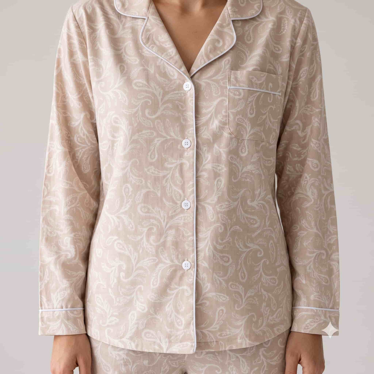 Paisley Calm Women Full Sleeves Pajama Set - Beige