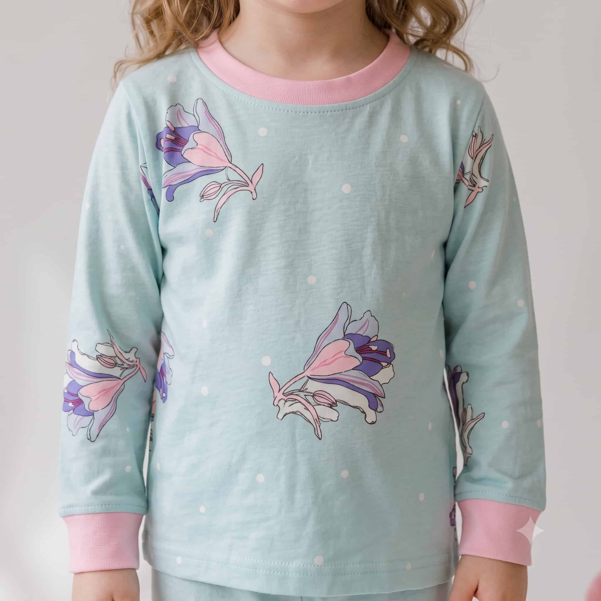 Aqua Blossoms Girls Full Sleeves Pajama Set - Aqua Blue