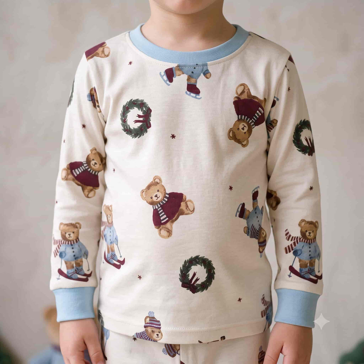 Winter Teddy Bear Boys Full Sleeves Pajama Set – Cream
