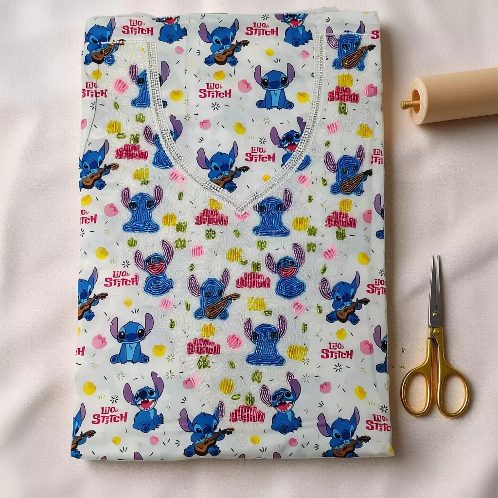 Lilo Stitch Women Embroidered Mukhawir - White