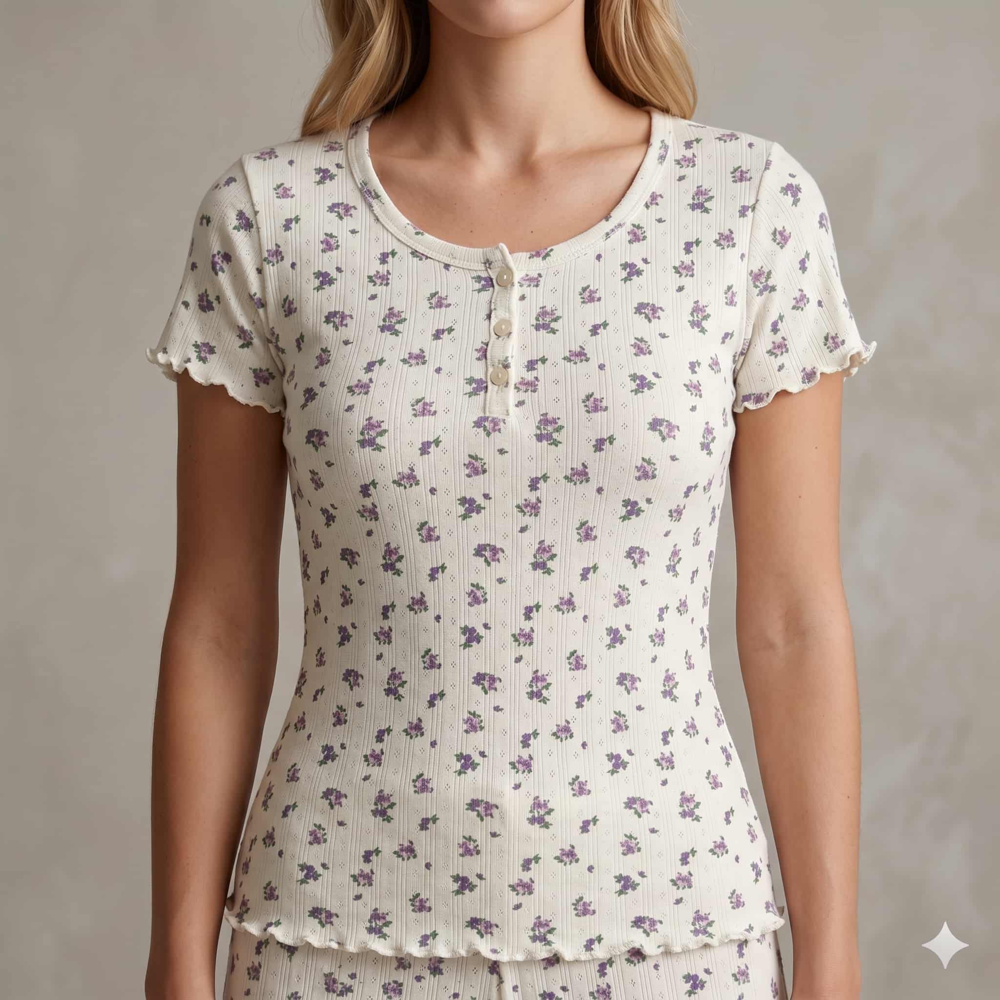 Lilac Bloom Women Half Sleeves Pajama Set - Cream