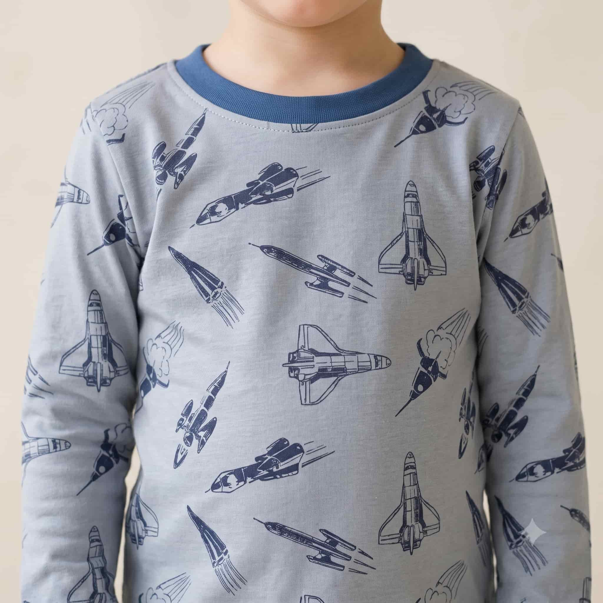 Cosmic Flight Boys Full Sleeves Pajama Set - Heather Blue