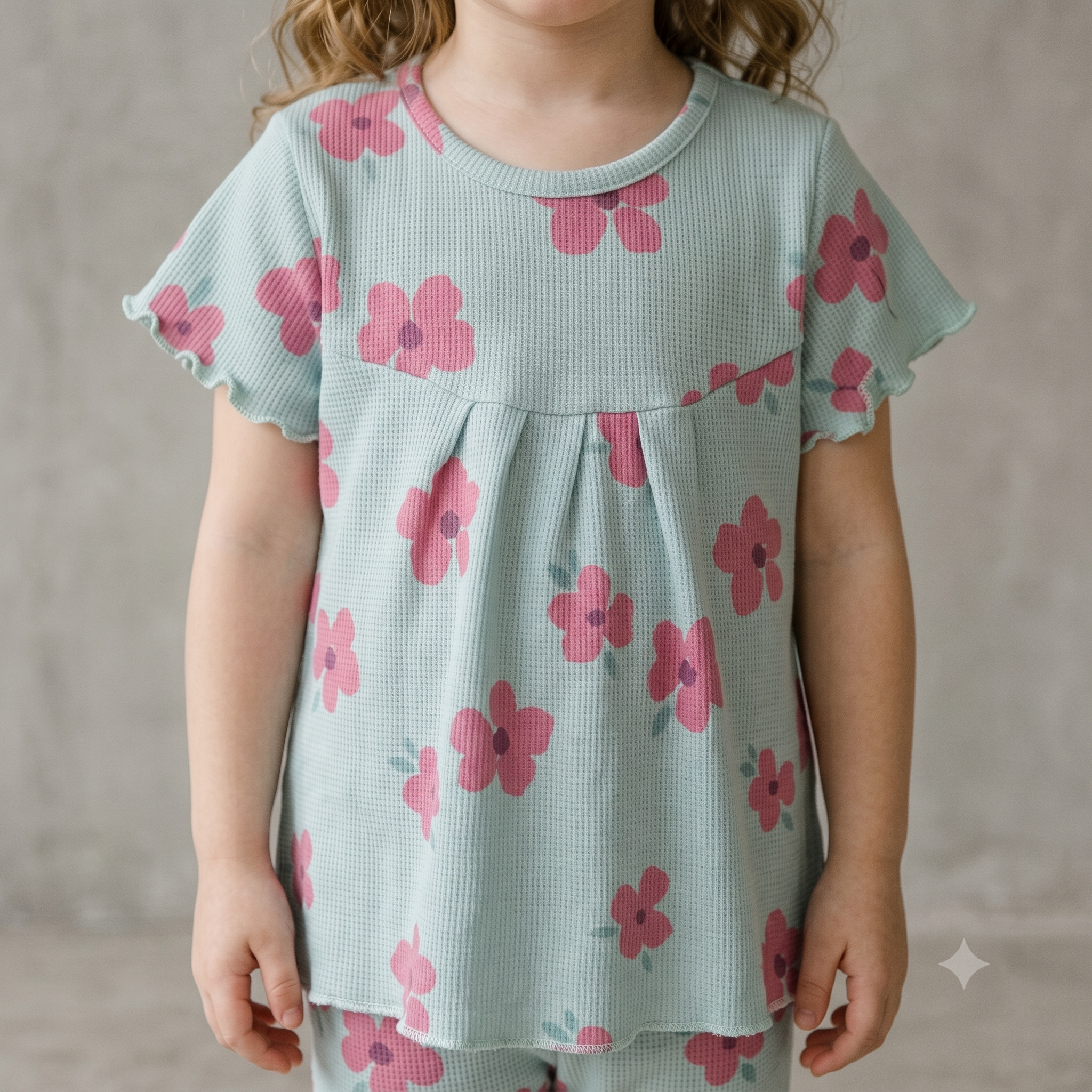 Pink Flower Girls Half Sleeves Pajama Set- Sea Green