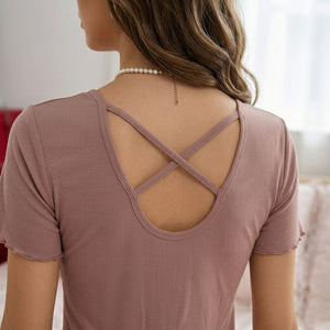 Women Brown Ribbed Crew neck t-shirt Paired With Matching Patterned Loungewear Tousers