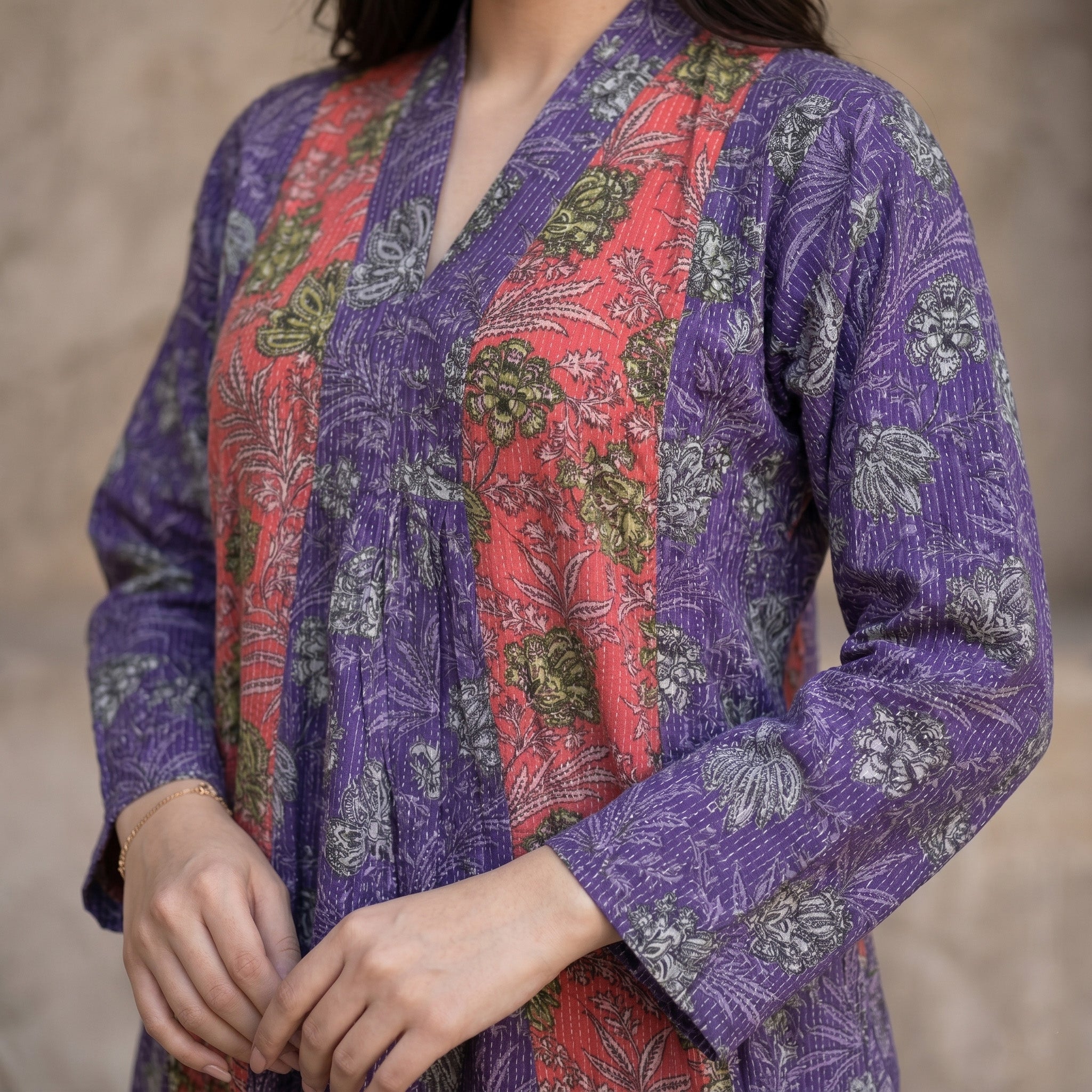 Floral Fusion Ethnic Women Darra - Blue & Red