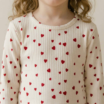 Little Red Hearts Girls Full Sleeves Pajama Set - White