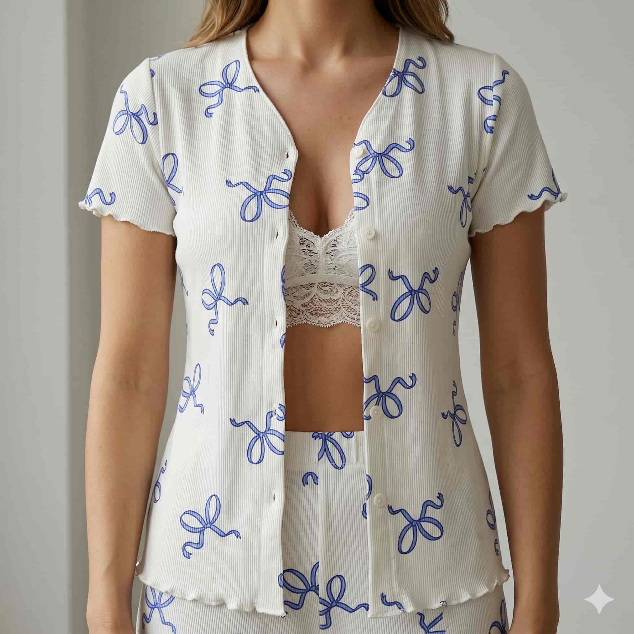 Ribbon Charm Women Half Sleeves Pajama Set – White