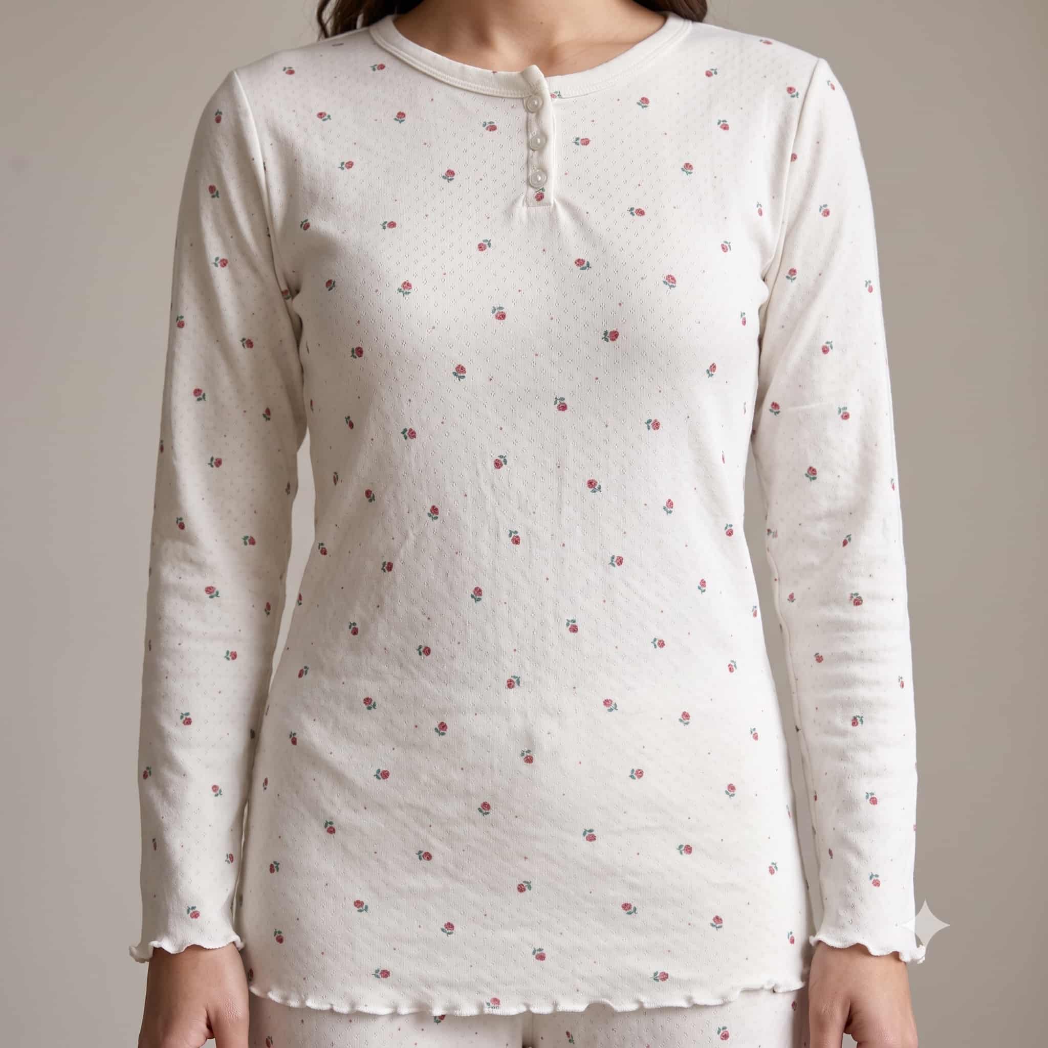 Petal Bloom Women Full Sleeves Pajama Set - White