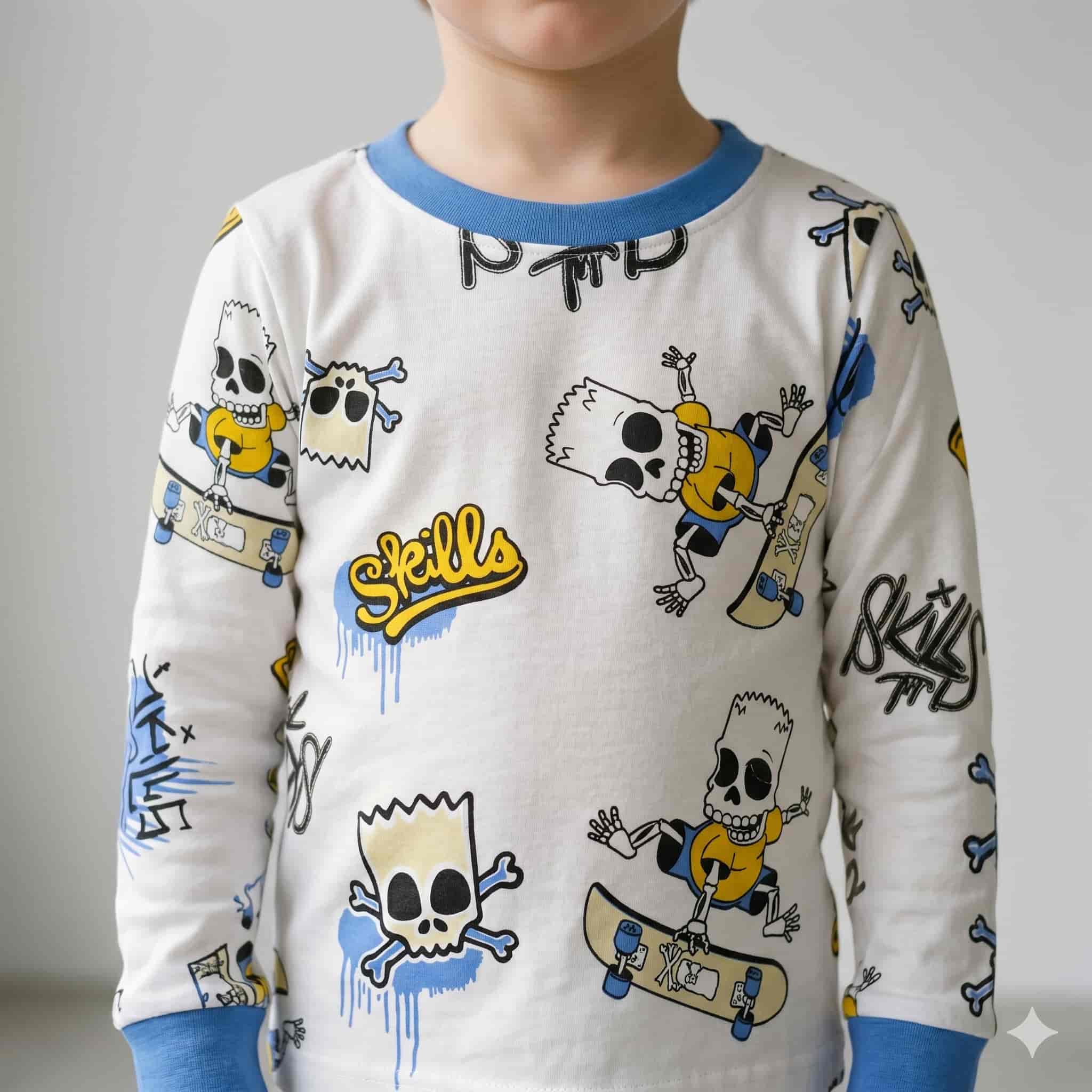 Skater Skulls Boys Full Sleeves Pajama Set - Blue