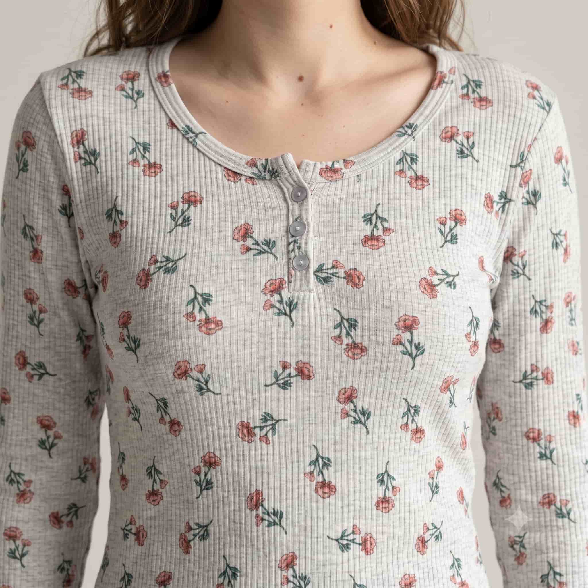 Coral Bloom Women Full Sleeves Pajama Set – Grey