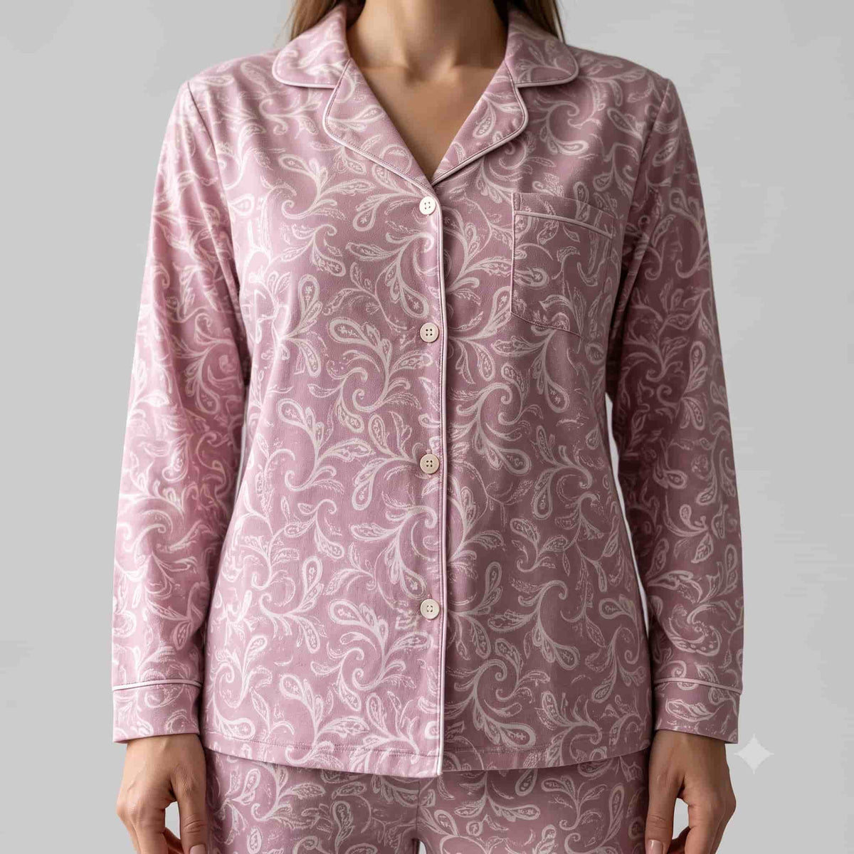 Rose Paisley Women Full Sleeves Pajama Set - Dusty Pink