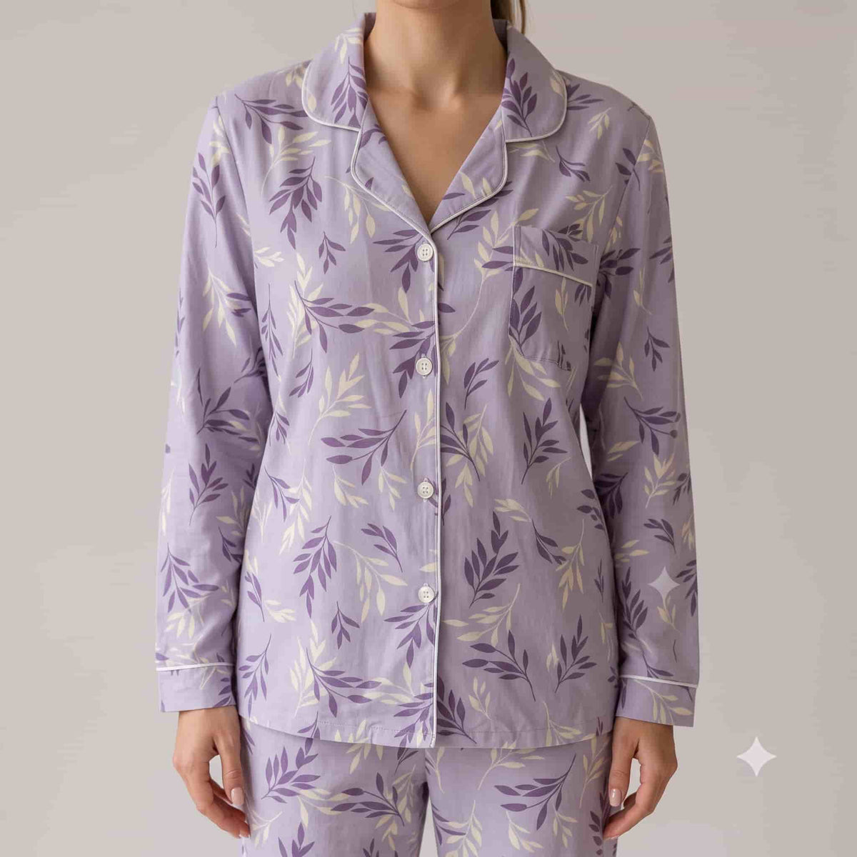 Lavender Leaves Women Full Sleeves Pajama Set - Lilac
