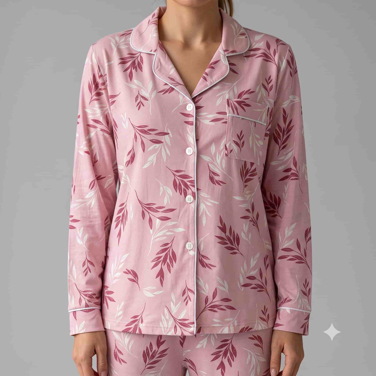 Rose Sprig Women Full Sleeves Pajama Set - Blush Pink