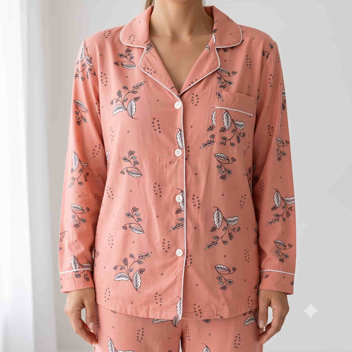 Coral Botanica Women Full Sleeves Pajama Set - Coral Pink
