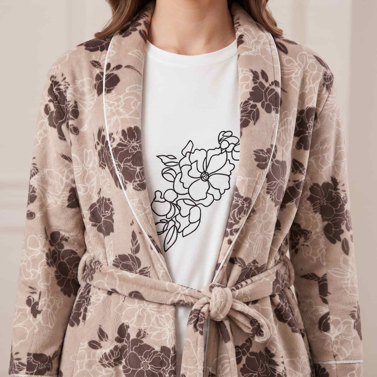Floral Muse Women Winter Full Sleeves Pajama Set – Beige Brown